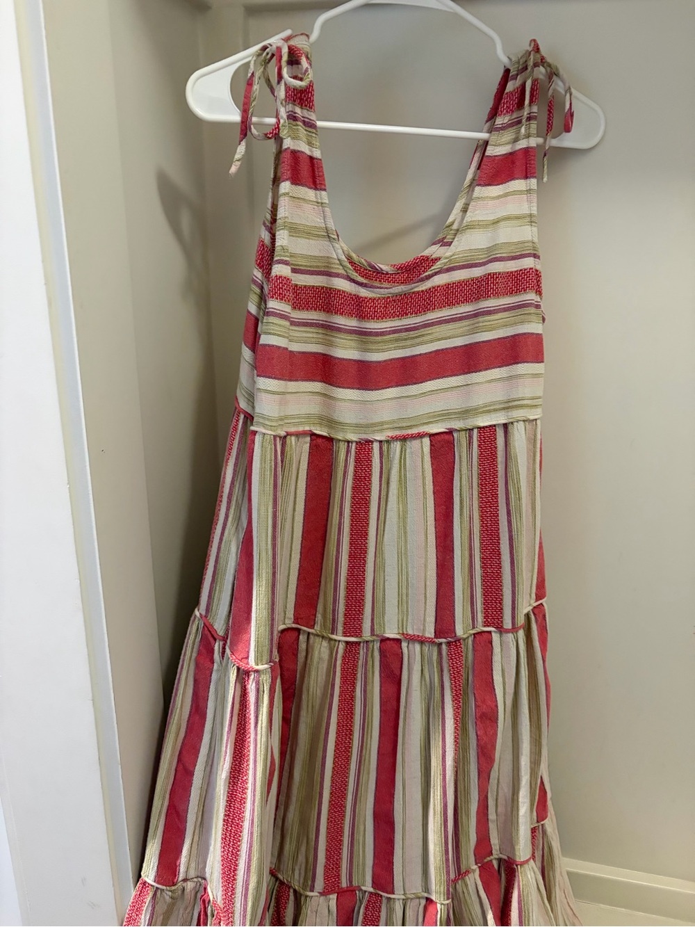 Faherty Pink, Cream & Olive Striped Tie-Shoulder Maxi Dress - Picture 4 of 7
